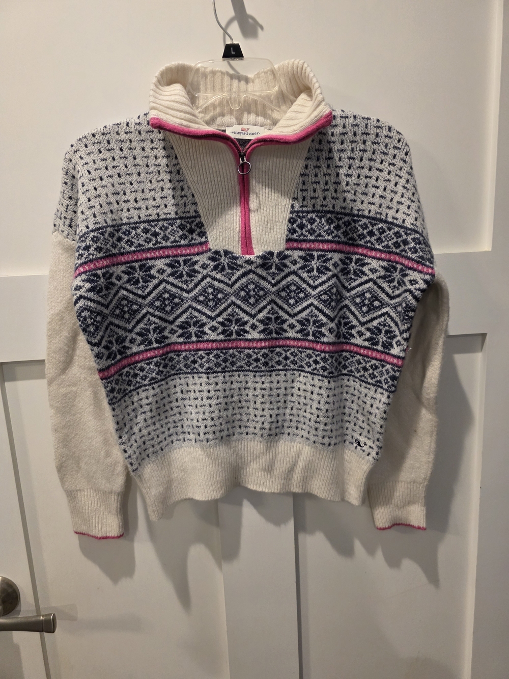 Vineyard Vines Sweater Womens S Marshmallow Fair Isle 1/4 Zip Mock Neck Ski